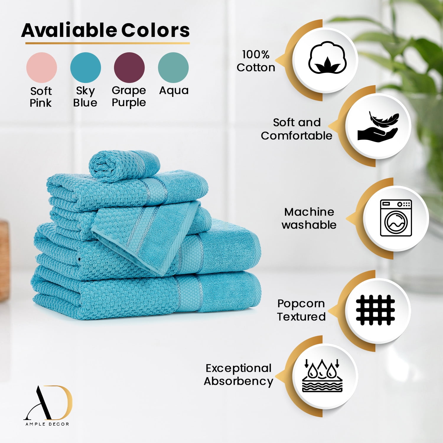 Ample Decor Towels for Bathroom, 6 Pieces Gift Set,100% Cotton Soft Quick Dry, 2 Bath towels, 2 Hand towels, 2 Wash Cloths - for Hotel, Spa, Gym - Sky Blue