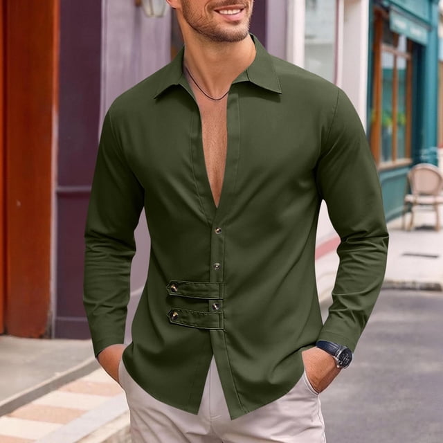 Ceisia Men's Relaxed Fit Stretch Long Sleeve Turndown Collar Shirt with Asymmetric Placket Army Green XXXL Gifts