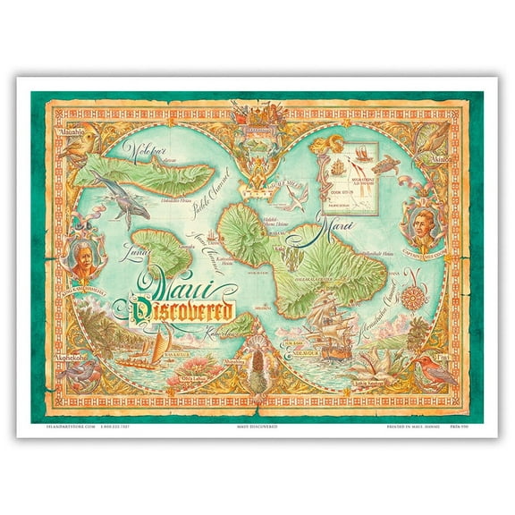 Maui Discovered - Map of the Hawaiian Islands of Maui Lana’i Moloka’i - Vintage Hawaiian Colored Cartographic Map by Dave Stevenson - Master Art Print (Unframed) 9in x 12in