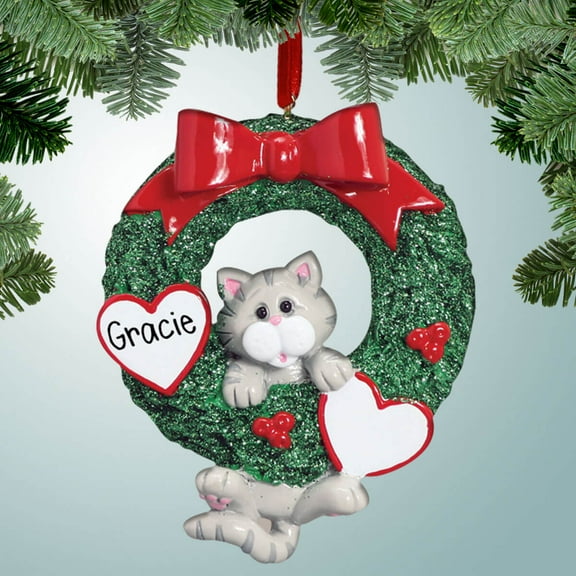 Grey Tabby Hanging from Wreath - Personalized Christmas Ornament - Perfect Stocking Stuffer - Great Gift Ideas