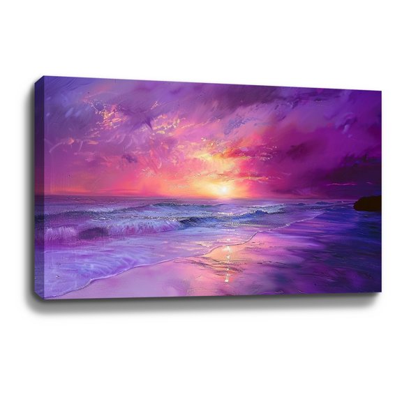 Beach Canvas Wall Art Ocean Wall Art Purple Sea Wave Canvas art Framed wall art Painting For Livingroom Decor Office Bedroom Decoration