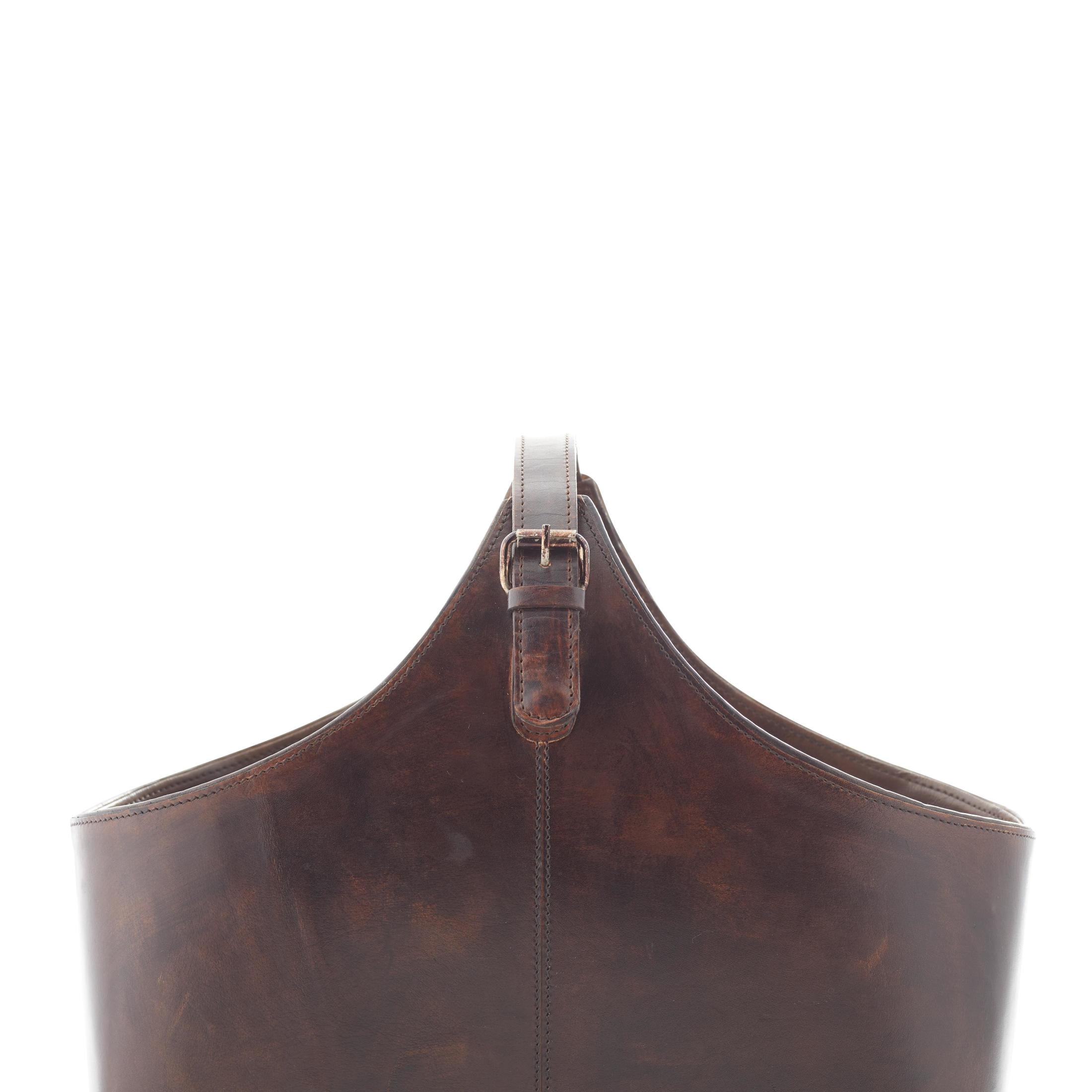 DecMode 15" Dark Brown Leather Handmade Box Style Magazine Holder with Detail Stitching and Curved Buckle Handle