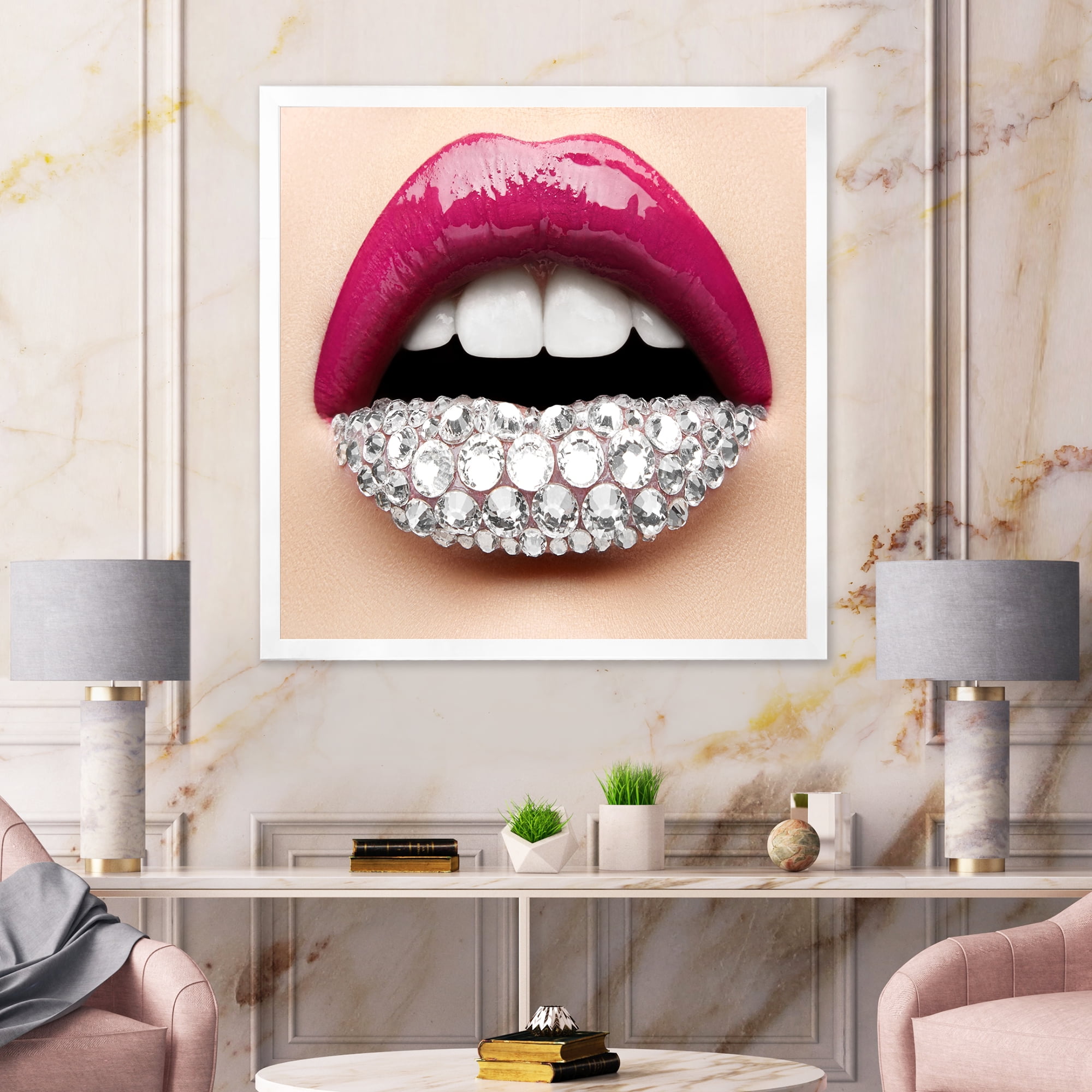 Designart 'Girl Lips With Pink Lipstick White Diamonds' Modern Framed Art Print