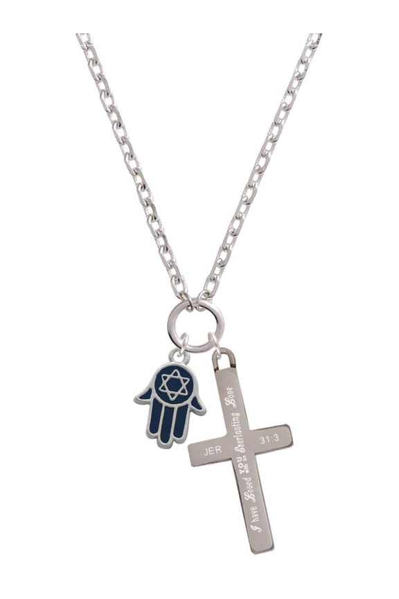 Silvertone Blue Hamsa Hand with Star of David Everlasting Love Engraved Cross Zoey Necklace, 28"