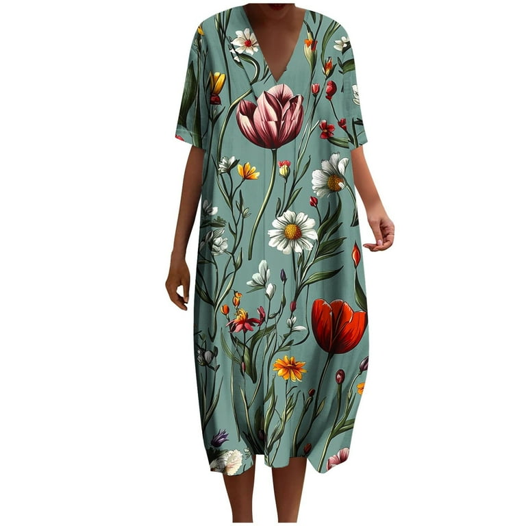 Women Dresses under $10! Xqxayjr Womens Boho Midi Dress Plus Size Casual  Flowy Summer Cute Tunic Graduation Dresses Floral Printed Linen Aline Swing  Cocktail Dress - Walmart.com