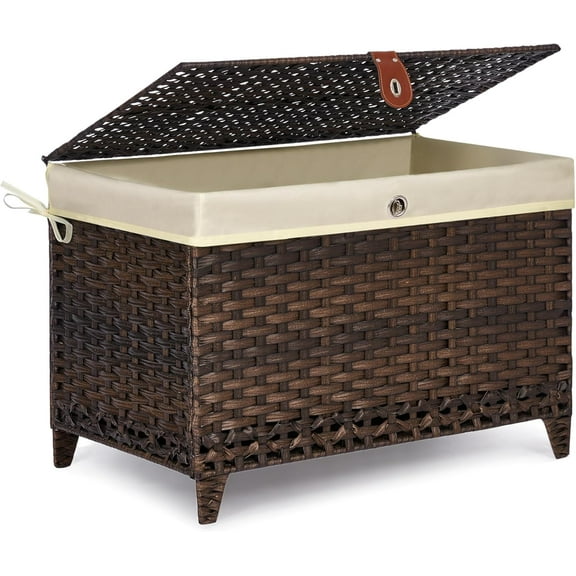 Wicker Storage Basket with Lid,Rattan Shelf Basket with Removable Liner Bag,105L Storage Bin,Storage Trunk with Heightened Feet,Storage Container for Wardrobe,Home Organizer