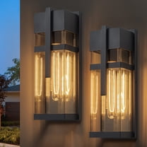 C Cattleya 2-Pack 14.5in Black Outdoor Wall Lantern with Mirror Reflector and Clear Tempered Glass