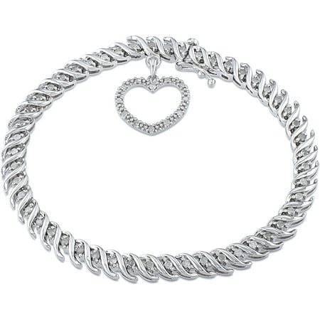 1 Carat T.W. Diamond Sterling Silver Heart Charm Bracelet, 7