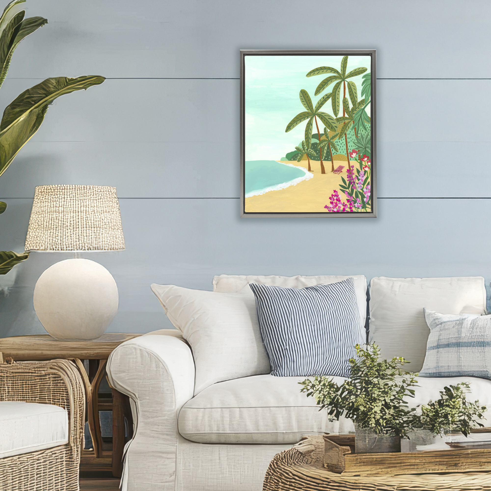 Palm Filled Shoreline Gray Framed Floater Canvas Wall Art, design by Nabeela Rumi