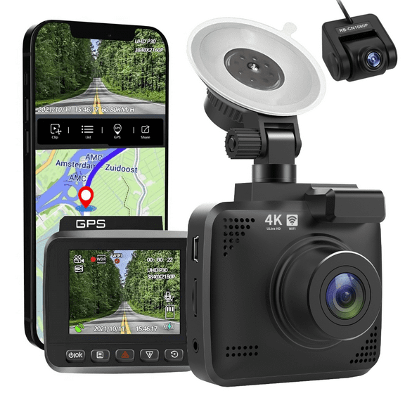 4K Dash Cam, Built-in GPS, WiFi Dash Camera for Cars, 2160P UHD 30fps Dashcam with APP, 2.4" IPS Screen, Night Vision, WDR, 150° Wide Angle, 24-Hr Parking Mode, Supports 128GB Max