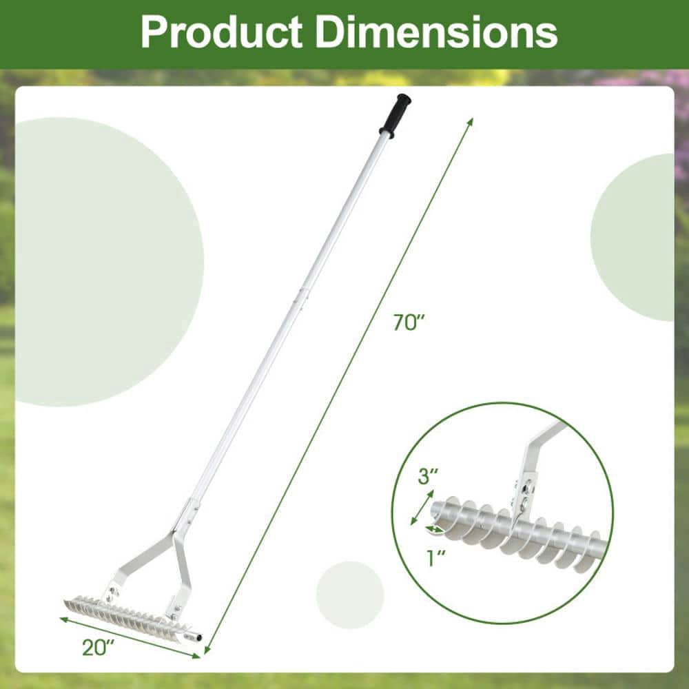 Yardi Yarda 20 Inches Wide Aluminum Lawn Loosening Soil Rake, Lawn Rake with Long Handle and 19 Curved Tines for Outdoor as Yard, Silver
