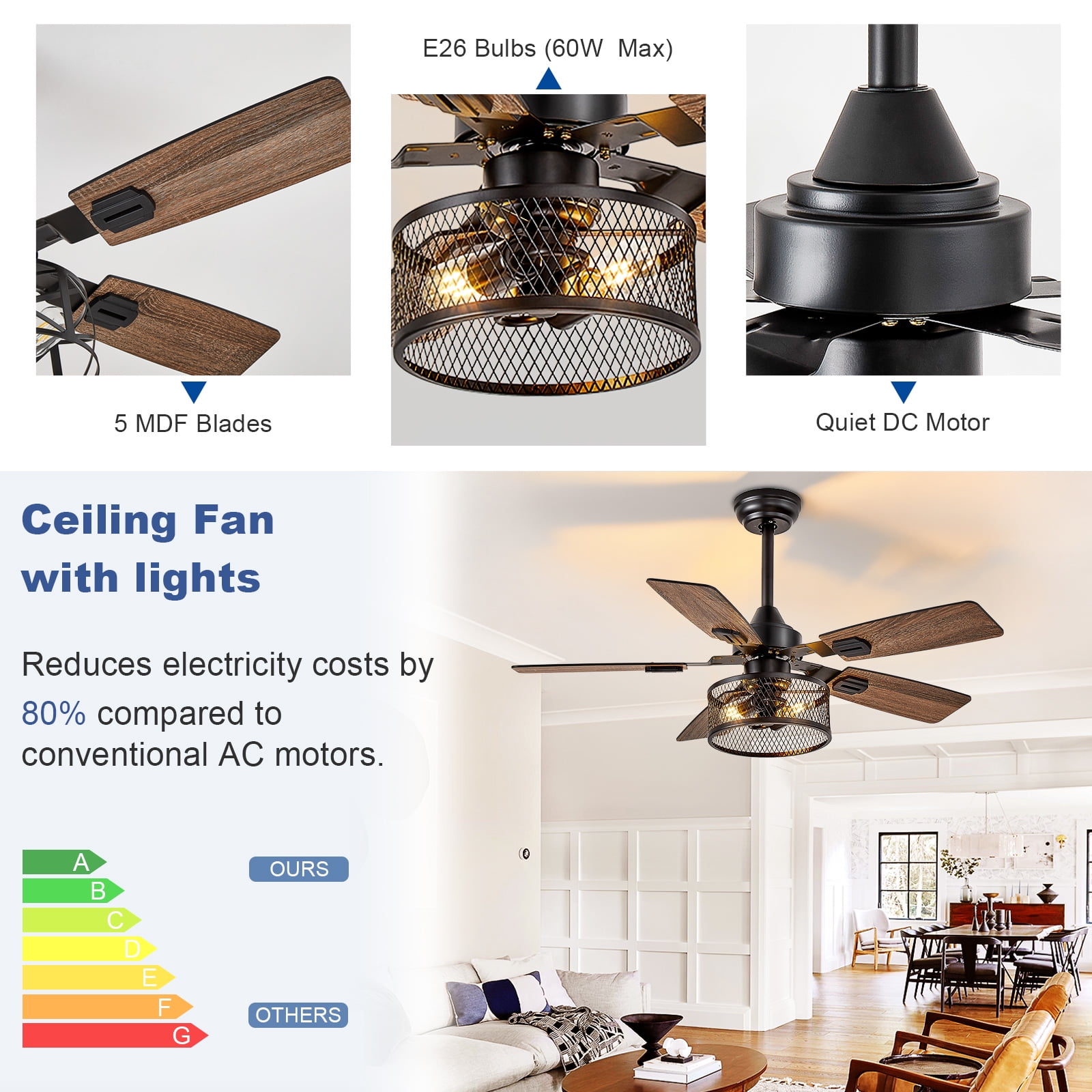 Depuley 42-Inch Fine Net Caged Ceiling Fans with Lights: Dual Finish 5 Black Walnut Blades Hanging Fan - Rustic Ceiling Fan with Remote Control for Farmhouse Indoor/Outdoor Use