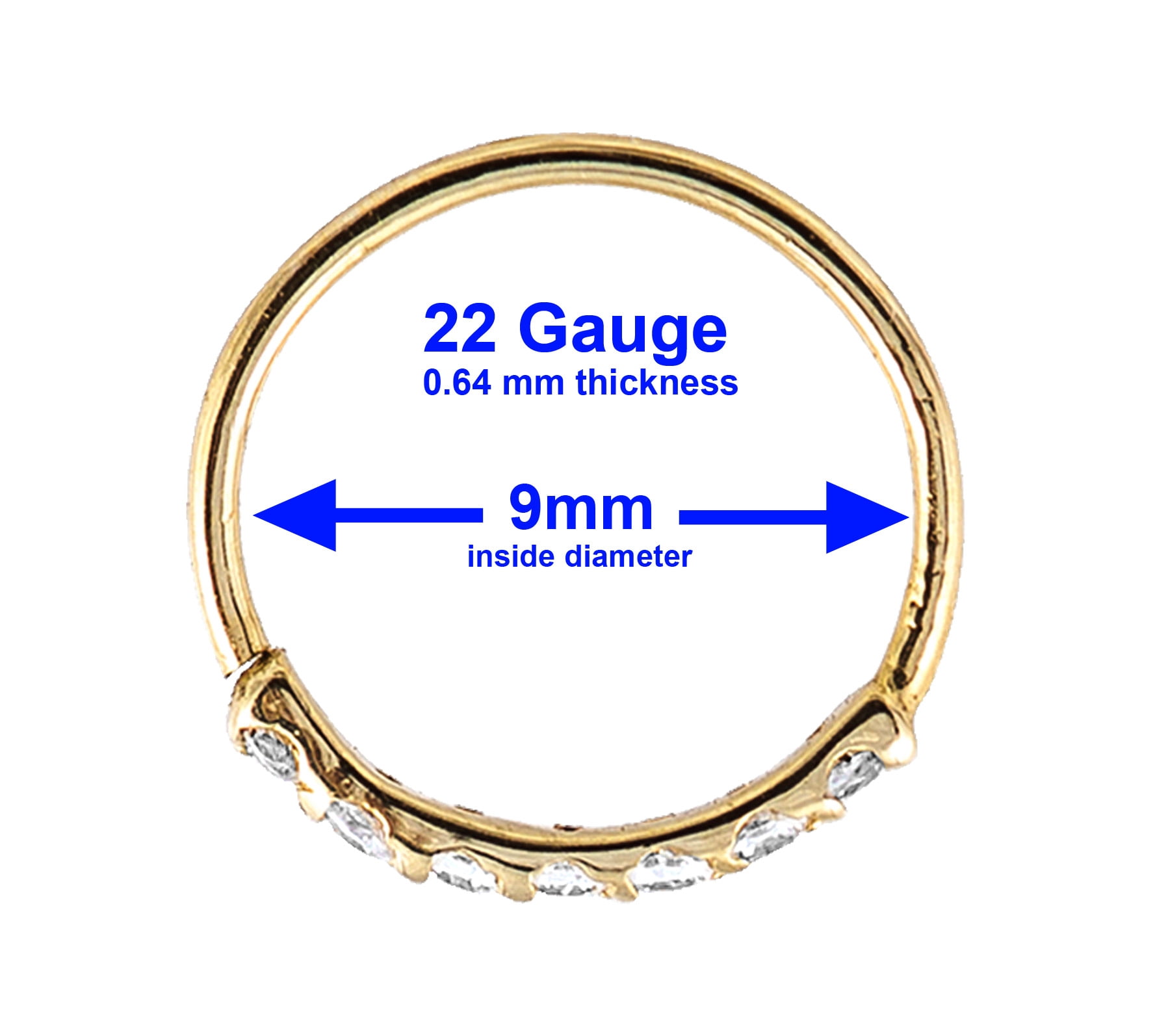 925 Sterling Silver Nose Ring, 22G Nostril Hoop Ring, Helix Earring, Cartilage Earring, 9mm Inside Diameter, Prong set 7-CZ Accented - Gold