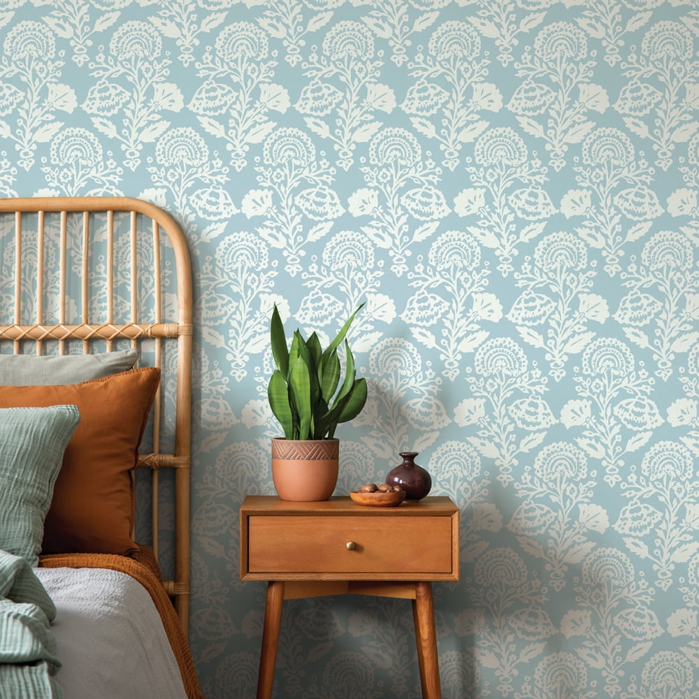 Tempaper Floral Damask Blue Peel and Stick Wallpaper, 20.5" x 16.5'