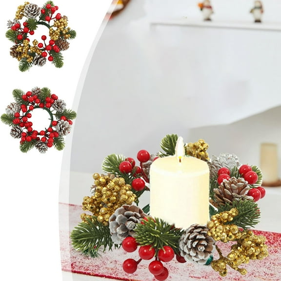 Leodye 1 Pcs Christmas Candle Rings Wreath Norfolk Pine Garland Red Berry Pinecones Wreaths Artificial Berries Snowy Pine Garland Candle Ring Holder for Christmas Wedding Home Table Centerpiece