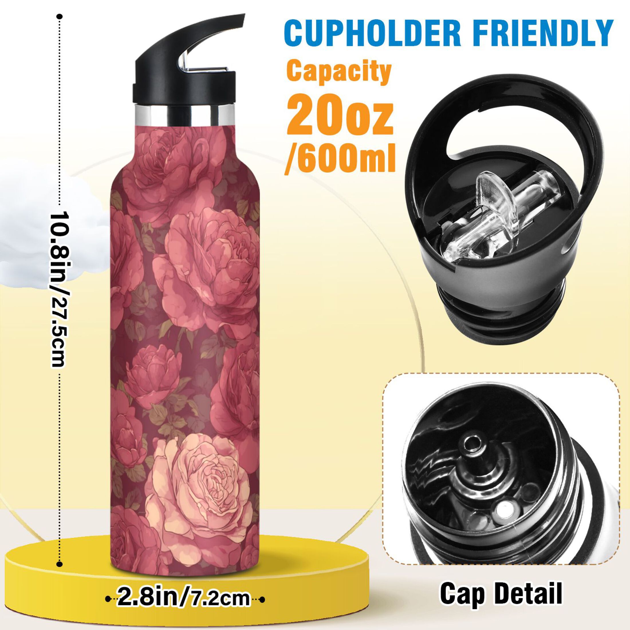 600ML Stainless Steel Insulated Cup Sports Water Bottle Portable Thermos Cup Water Glasses Insulated Tumblers Convenient and Durable Beautifui Rose Red