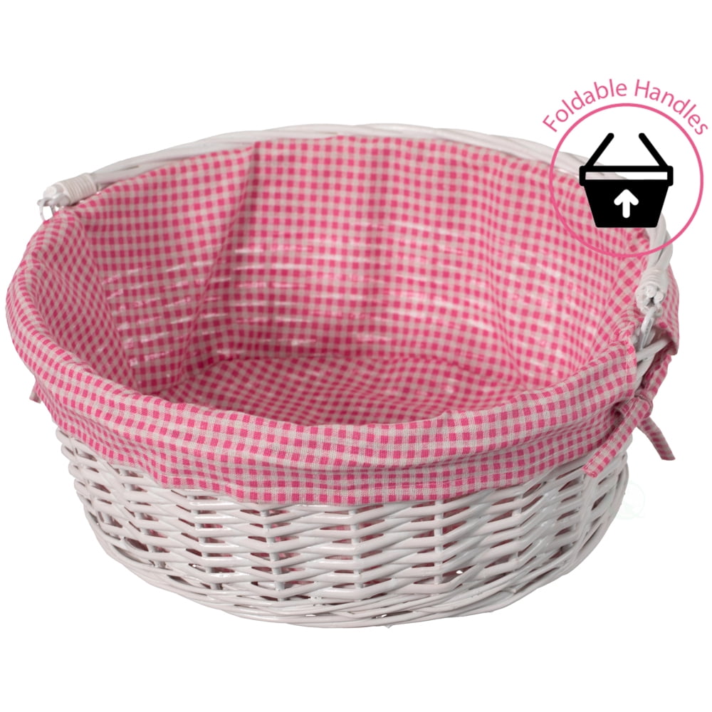 Traditional White Round Willow Gift Basket with Pink and White Gingham Liner and Sturdy Foldable Handles, Food Snacks Storage Basket, Large