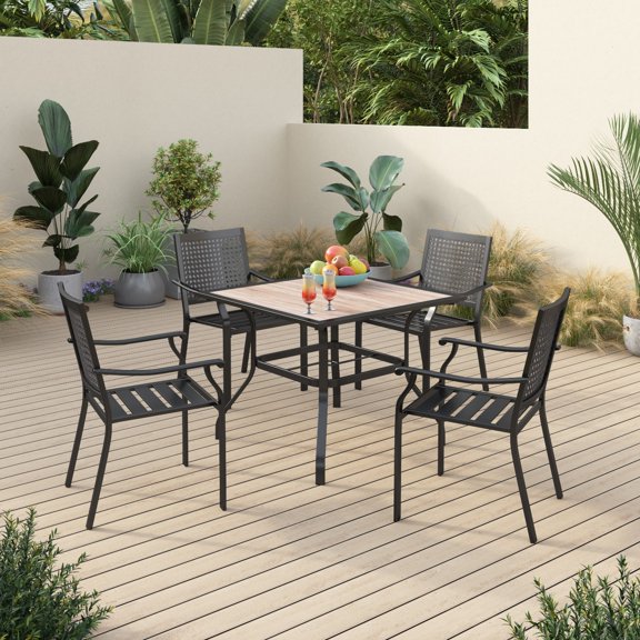 Sophia & William 5 Pieces Patio Outdoor Dining Set Metal Stackable Chairs and Teak Wood Table,Black