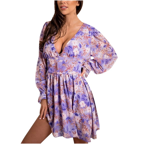 Womens Spring Summer Floral Mini Dress V Neck Long Sleeve Boho Chiffon Short Dress Casual Flowy Fall Wedding Guest Dresses