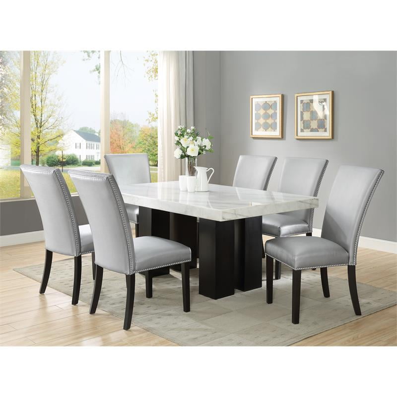 Camila Marble Top Rectanglular 7 Piece Dining Set With Silver Chairs 2083