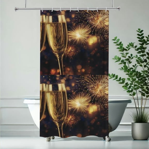 RKSupls New Year Shower Curtain, Wine Glass Fireworks Shower Shower Curtain with Hooks for Christmas Home Bathroom Decor Washable Curtains, 36x72 in
