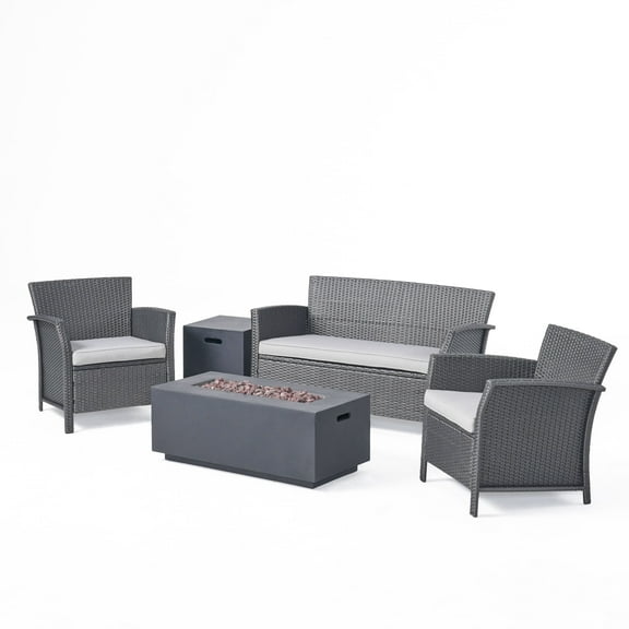 GDF Studio Wetherill Outdoor Wicker 4 Seater Chat Set with Fire Pit, Gray, Light Gray, and Dark Gray
