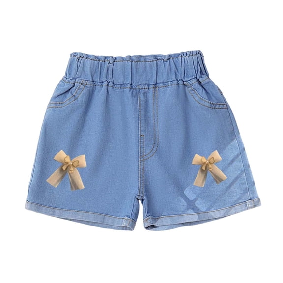 Girls Denim Shorts Soft Cotton Elastic Waist with Bow Detail Light Blue Play Shorts for Kids to Kids 2-11 Years,Size 2 T