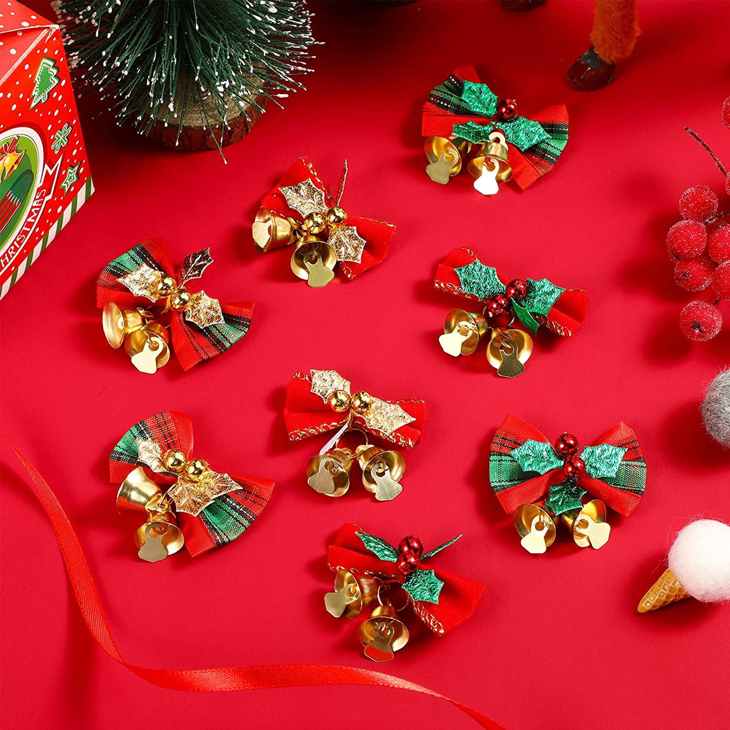 40PCS Christmas Bow with Bells for Crafts Christmas Mini Bowknot Ornament Craft Present Bow Christmas Tree Wreaths Hanging Decor