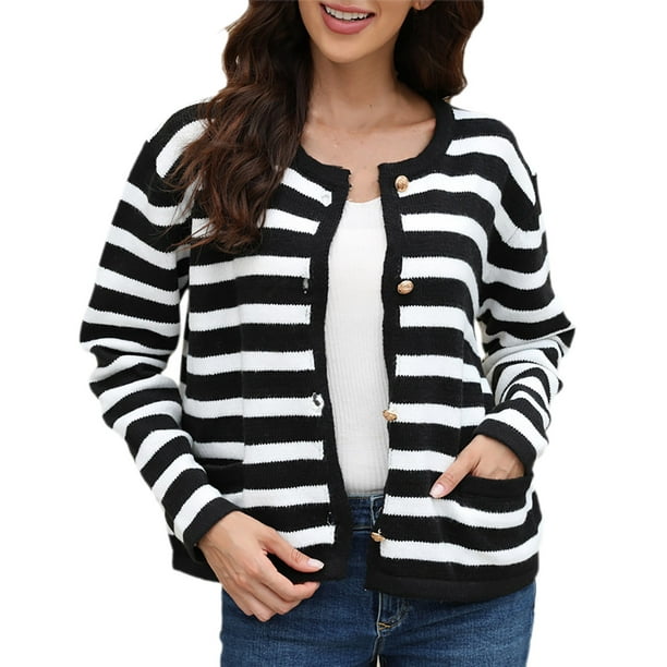 nsendm Womens Shirt Adult Female Clothes Womens Fall Outfits Women Striped  Sweater Large Knit Sweater Cardigan Single Breasted Short Sweater Womens