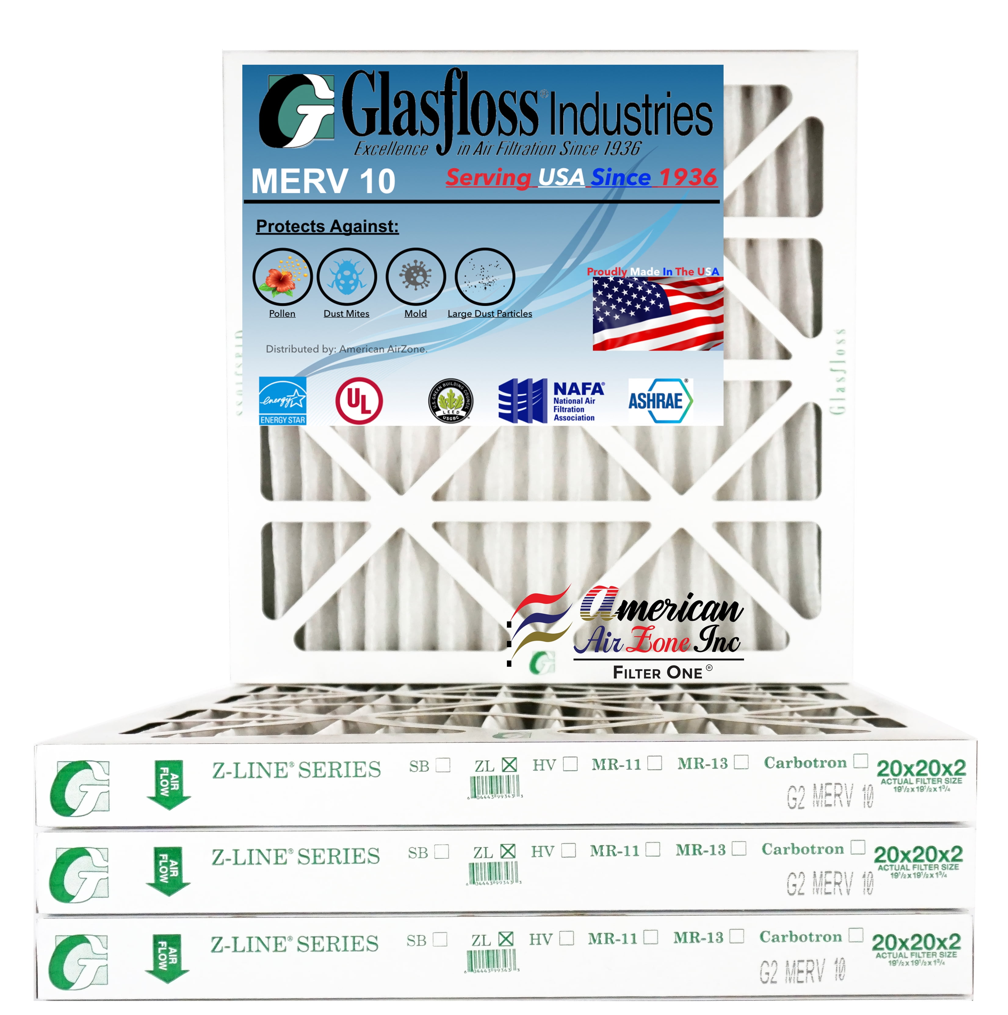 Glasfloss Air Filter 20x20x2 2" MERV 10 (Pack of 4) Pleated AC or