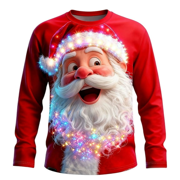 GuangCheng Mens Christmas Shirts Round Neck,Long Sleeve Tops,Printed,Pullover,Baggy,Bottom,Tees,Comfy Loose Piece,Red,Size XS