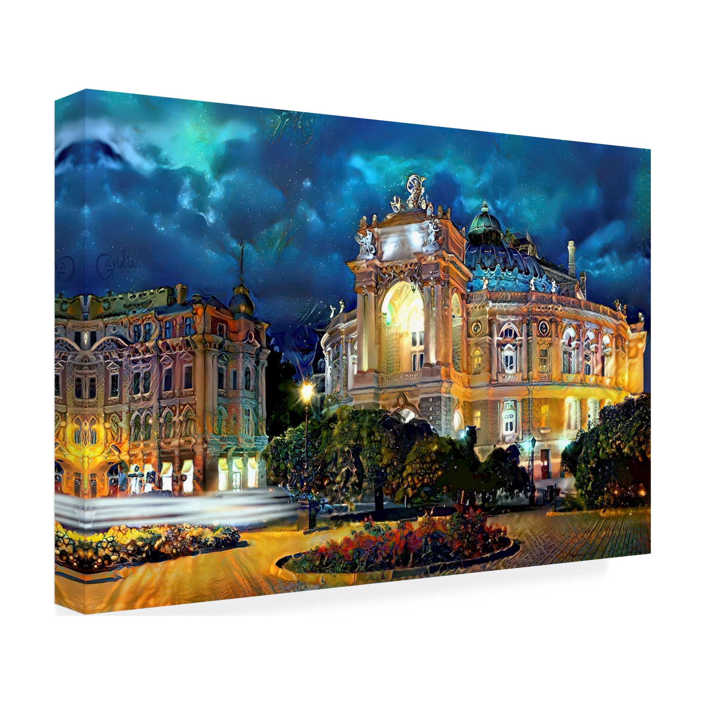 Canvas Wall Art - Pedro Gavidia 'Odessa Ukraine Opera and Ballet Theater Night' Wall Art for Living Room, Bedroom, or Office Décor by Trademark Fine Art - 24 x 16 Inches