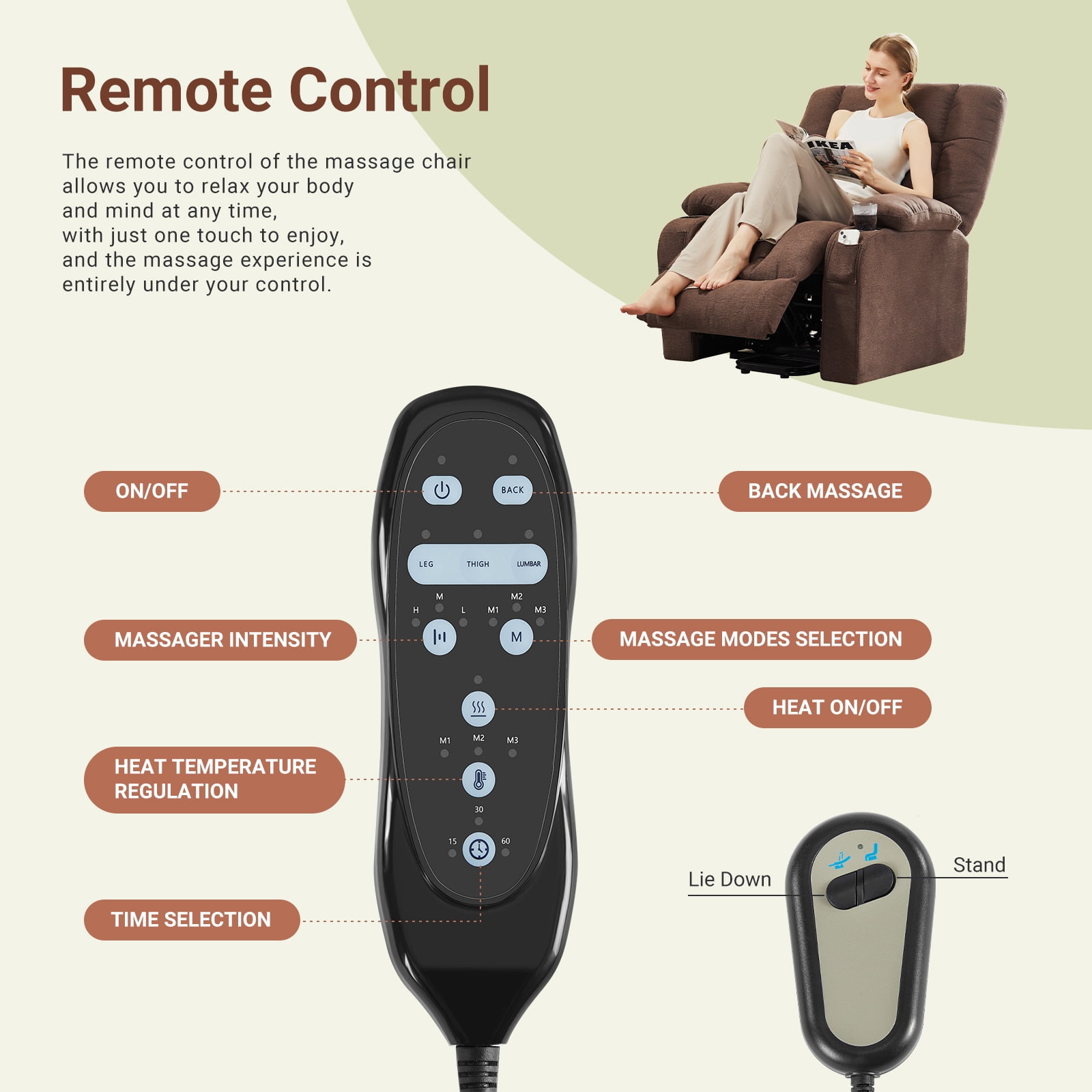 CONCETTA Elderly Recliner with Massage and Heating, Home Theater Recliner Chair with Lumbar Support and Remote Control, For Home Office Living Room, Brown