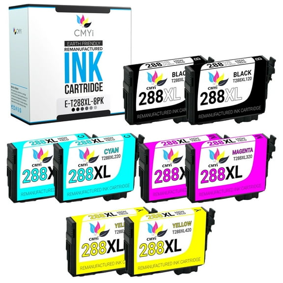 CMYi Combo Pack of 8 Inkjet Printer Ink Cartridges Compatible for Epson 288XL, 2 Black, 2 Cyan, 2 Magenta, 2 Yellow