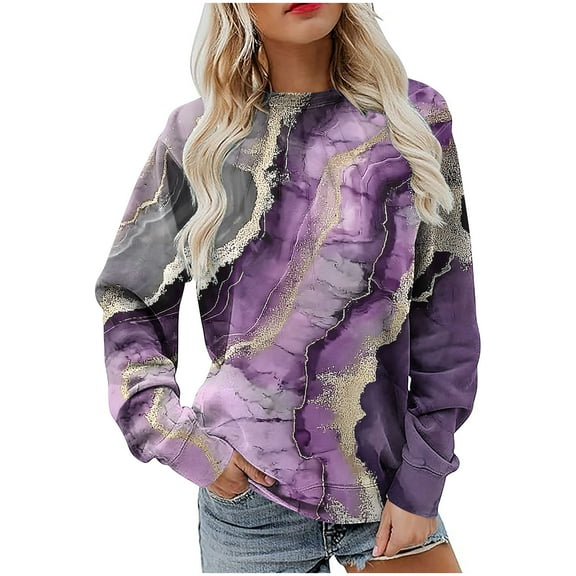 MELDVDIB Womens Fashion Printed Sweatshirt Fall Winter Long Sleeve Oversized Hoodless Sweatshirt Casual Crewneck Pullover Tops Purple 2XL