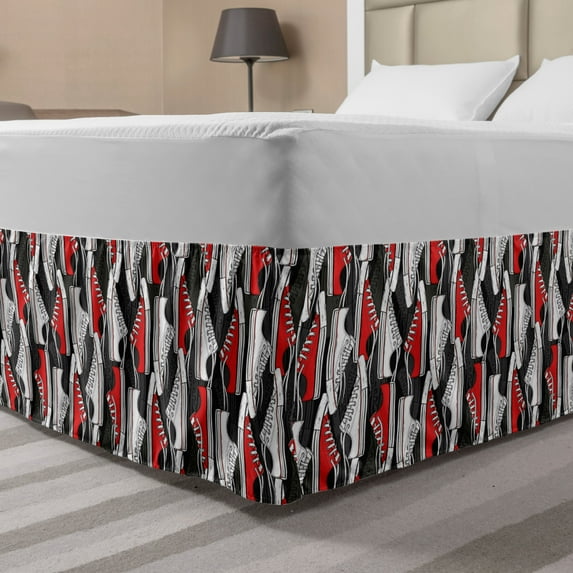 Retro Bed Skirt, Old School Shoes Pattern Sneakers Nineties Casual Clothing Cartoon, Elastic Bedskirt Dust Ruffle Wrap Around for Bedding Decor, 4 Sizes, Vermilion White and Grey, by Ambesonne