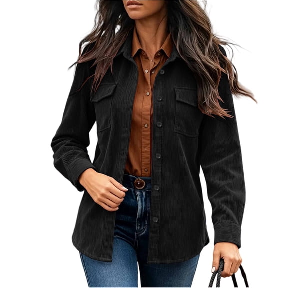 CharmCyan Women's Casual And Fashionable Corduroy Shirt Jacket Black L