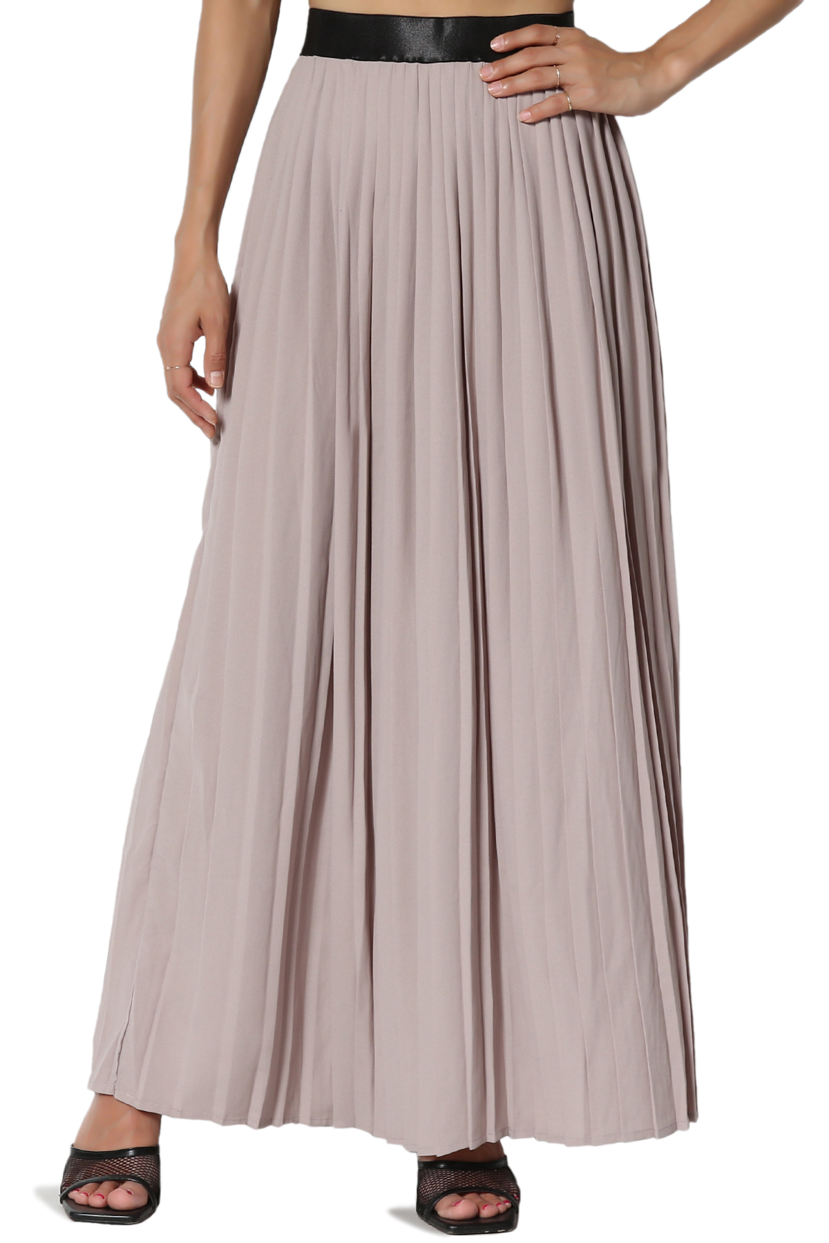TheMogan Women's S3X Elastic Waist Flowy Crepe Woven PLEATED Long MAXI