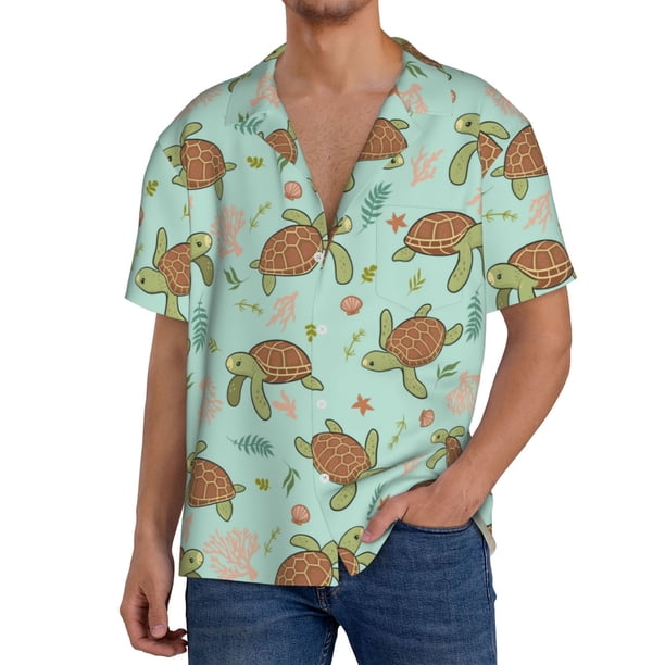 Balery Cute Sea Turtles Camisa Casual de Manga Corta con Botones para Hombre, Texturizada, Estilo Cubano, para Playa, Verano-Small