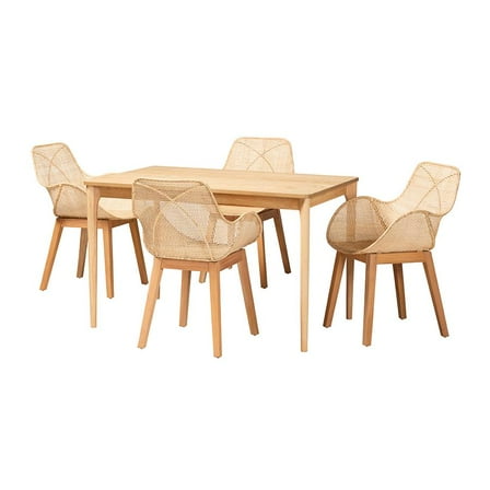 Baxton Studio Ballerina Japandi Natural Brown Mahogany Wood and Rattan 5-Piece Dining Set