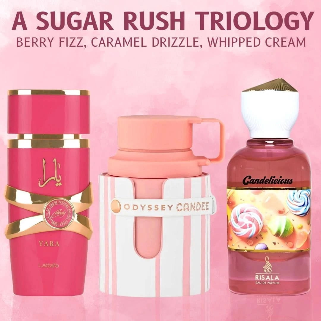 Yara Candy by Lattafa, Odyssey Candee by Armaf & Candelicious by Risala - Eau de Parfum Sprays 100ml (3.4 oz) (Bundle)