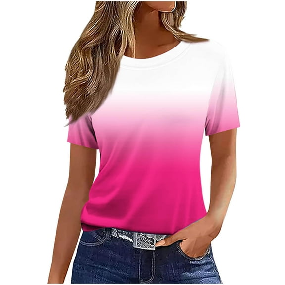 Women's Summer T-Shirts Fashion Gradient Color Printing Shirts Lightweight Crew Neck Short Sleeve Blouses Casual Loose Pullover Tops