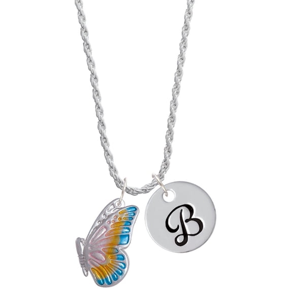 Delight Jewelry Silvertone Large Translucent Pastel Flying Butterfly Silvertone Script Initial Disc - B - Charm Necklace, 20"+3"