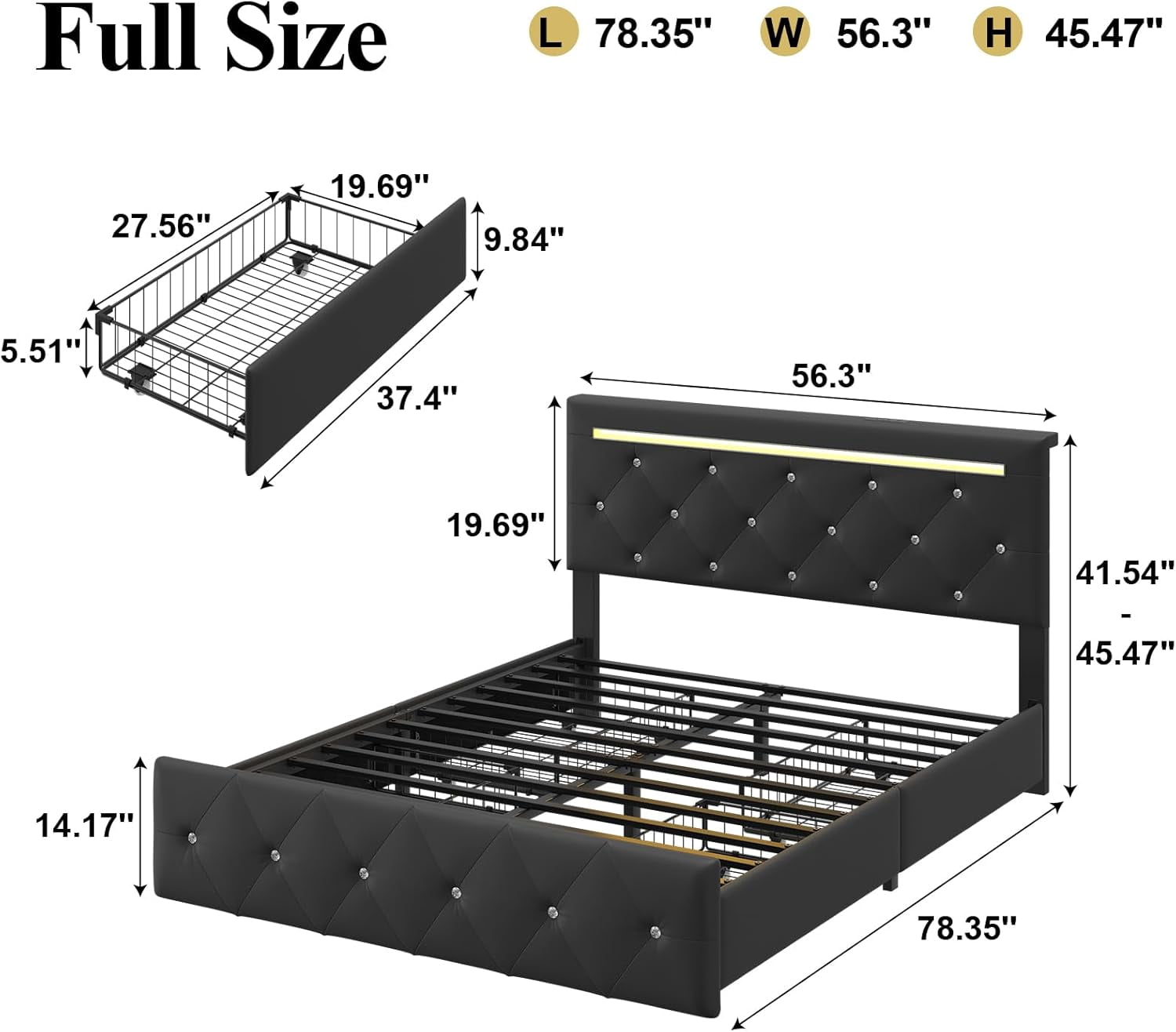Gewnee Full‑Size PU Upholstered Bed Frame, 4 Large‑Capacity Drawers, 4‑in‑1 Charging Station, Adjustable Headboard, Adjustable Color, for Bedrooms, No Box Spring Required, Black