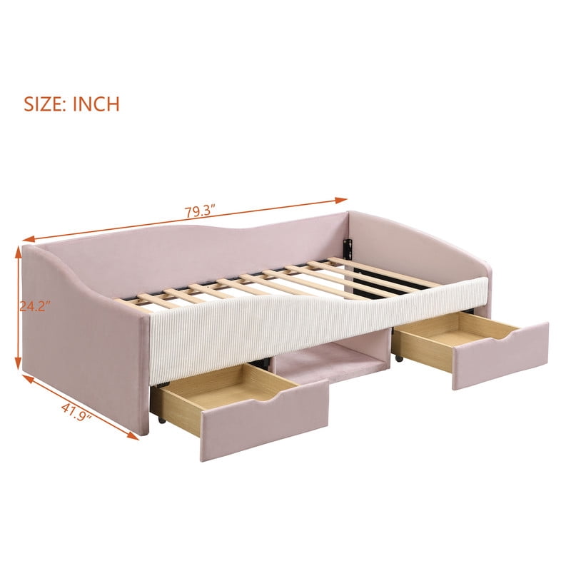 Twin Size Upholstered Daybed Frame, Low-Profile Storage Platform Bed with 2 Drawers and Open Compartment, Two-Tone Accent Kids Bed