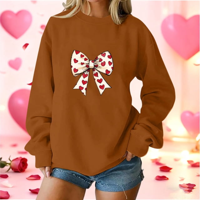 Xuyuer Valentine's Day Women's Bow Lover Heart Print Round Neck Loose Hoodie Long Sleeve Top, Cute Casual Pullover for Valentine's Day Gifts, Date Nights and Everyday Cozy Wear