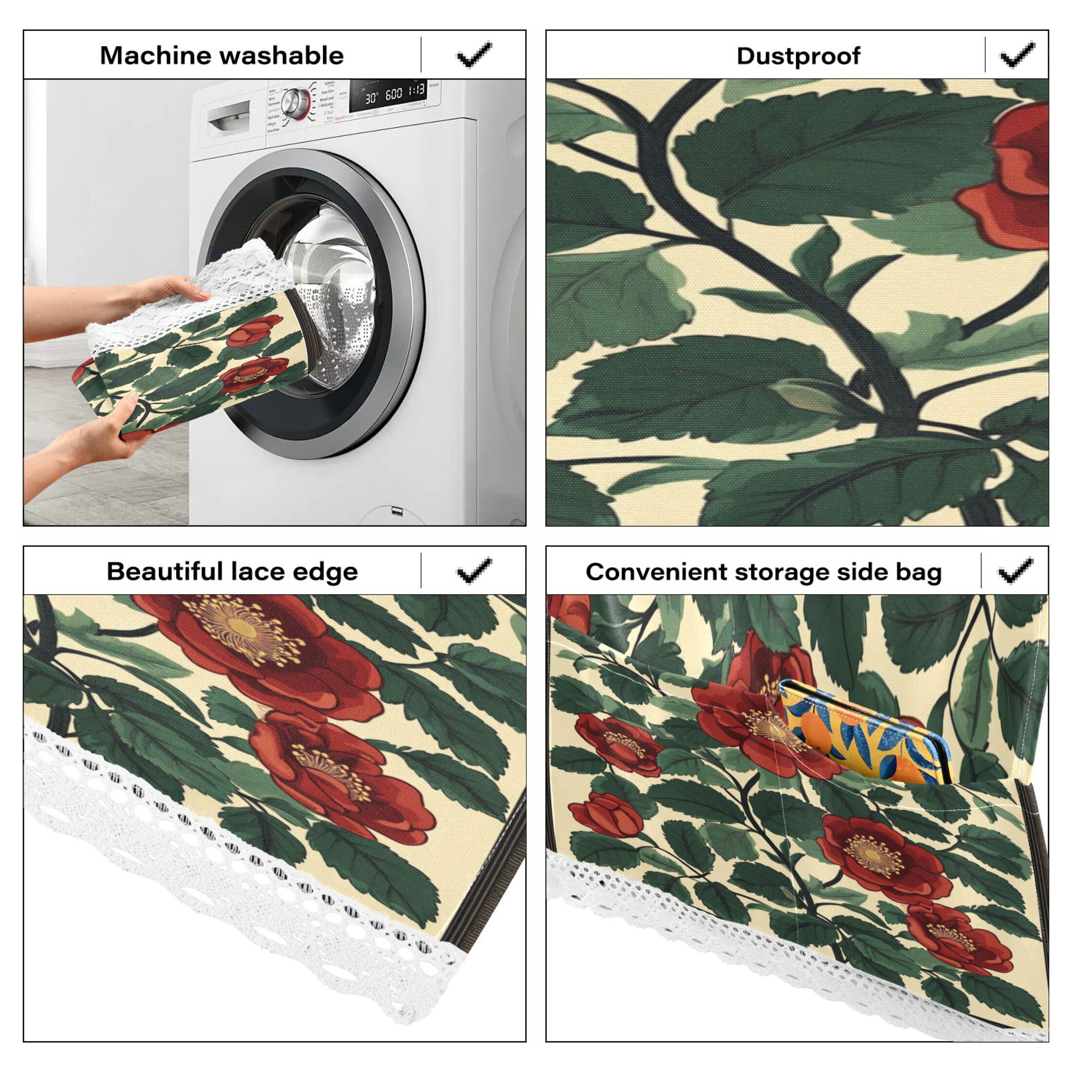 Peach BlossomWasher and Dryer Covers Dust-Proof and Oil Resistant Fridge Cover with 4 Storage Pockets Washing Machine Top Cover for Laundry Kitchen Home 51.2 x 22 In
