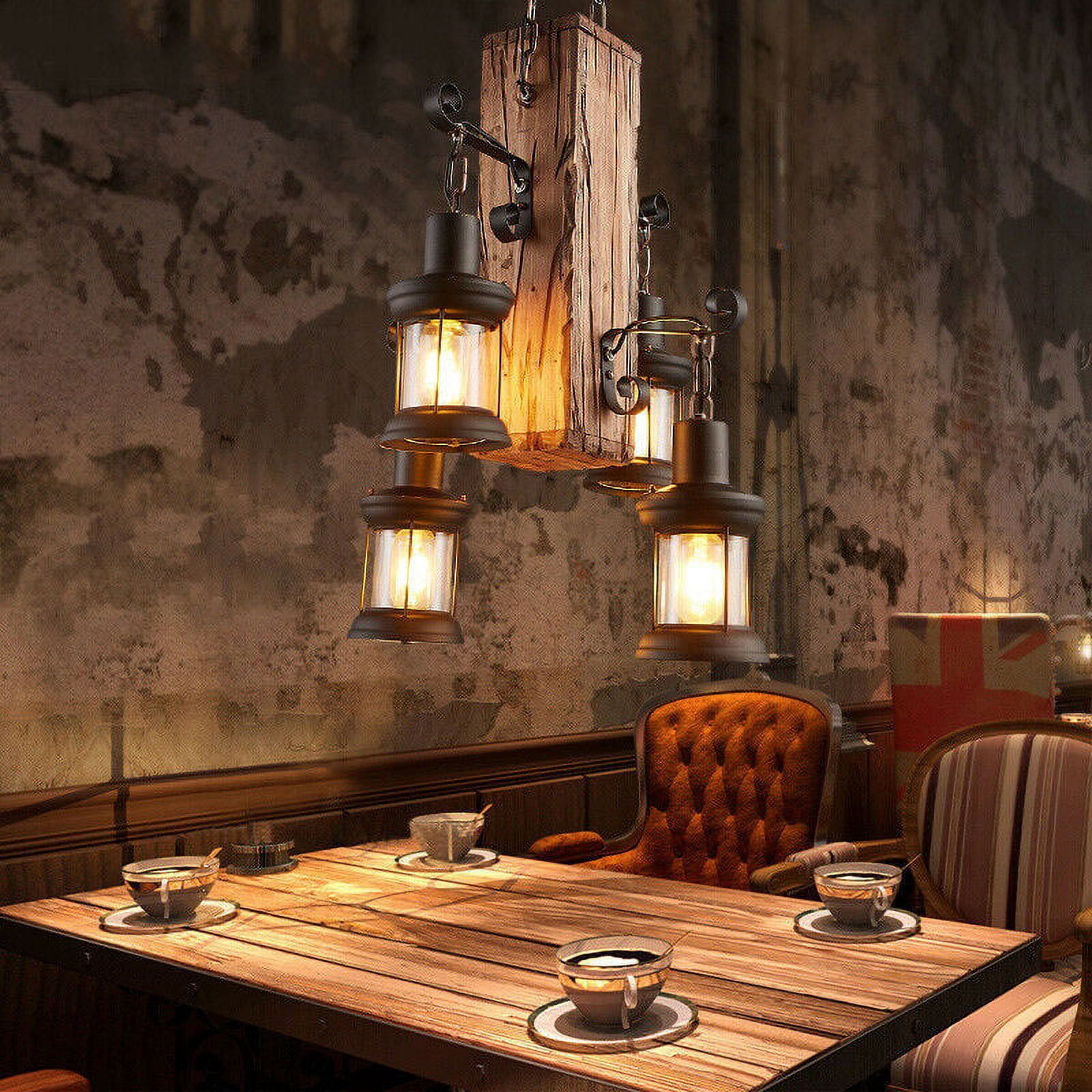 Miumaeov Industrial Vintage Wooden Hanging Farmhouse Pendant Light Retro Loft Lantern Chandelier 4 Lights Suspension Island Lighting Fixture for Kitchen Dining Coffee Shop Restaurant