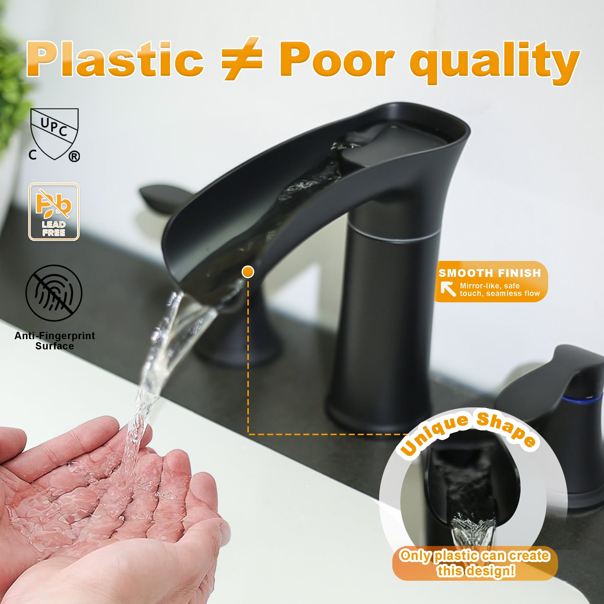 Sunrinx 8'' Widespread Bathroom Faucet 2-Handle Waterfall Sink Faucet 360° Swivel Spout Matte Black 3-Hole with Drain Assembly