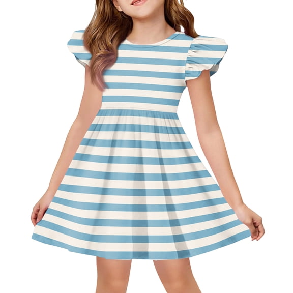 YOUYEDIAN Girls Midi Dress Toddler Summer Flutter Sleeve A Line Dresses Casual Print Crewneck Princess Dress (Light Blue, 8-9 Years)